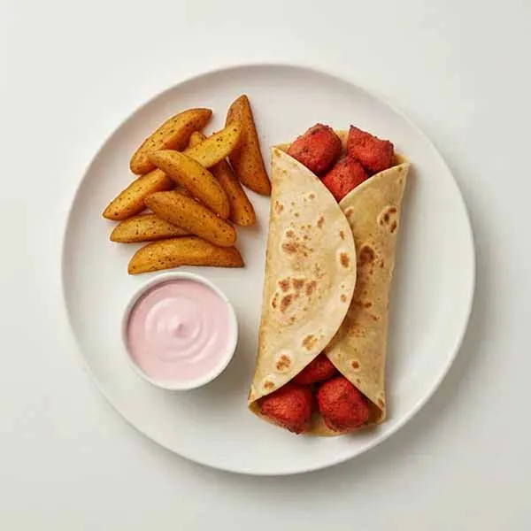 Bombay Street Special Chicken Tikka Frankie with Pomegranate Mayo & Hot Spicy Potato Wedges